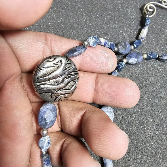 Blue Jasper Beaded Necklace With Silver Tone Greek Key Motif Center Bead 30 In o - Picture 7 of 8